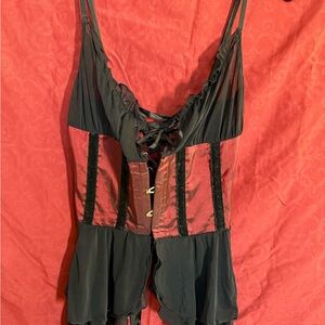 Coquette Gothic Satin Lace-Up Corset Top M Red Black Velvet Burlesque Goth